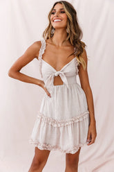 Be Mine Ruffle Strap Tie-Knot Dress Beige