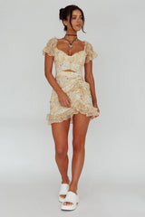 Linka Drawstring Detail Frill Dress Floral Beige
