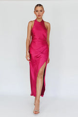 Sonoma Halterneck Faux Wrap Twist Back Maxi Dress Fuchsia