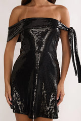 Aurora Sky Off-Shoulder Tie Mini Dress Sequin Black