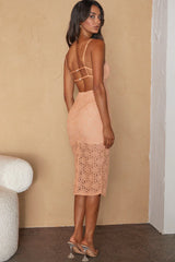 First Kiss Strappy Back Lace Overlay Knee Length Split Dress Peach