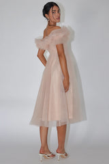 May Rose Off-Shoulder Tulle Midi Dress Taupe