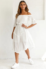 Renoir Off-Shoulder Frill Trim Midi Dress White