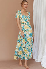 Montebello Puff Sleeve Maxi Dress Floral Blue/Yellow