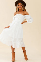 Flynn Off-Shoulder Shirred Bust Midi Dress White