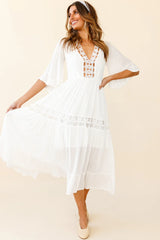 Feeling Groovy Bell Sleeve Crochet Trim Maxi Dress White