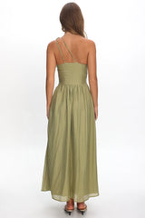 Andrina One-Shoulder Ruched Maxi Dress Olive
