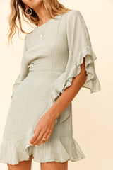 Make It Happen Flared Sleeve Ruffle Trim Dress Pistachio