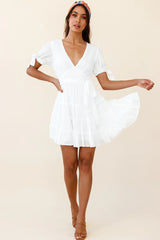 Jocelyn Short Sleeve Tied Cuff Layered Ruffle Dress White