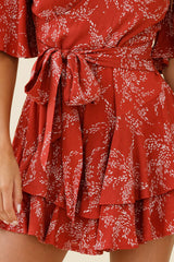 Davina Angel Sleeve Cut-Out Back Romper Leaf Print Rose