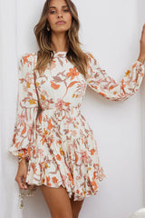 Rosabel Balloon Sleeve Fluted Hem Dress Vintage Floral Print Beige