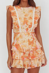 Weekend Muse Sleeveless Layered Frill Romper Flowers Yellow