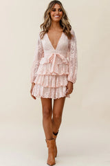 Queensland Balloon Sleeve Tiered Frill Lace Dress Pink