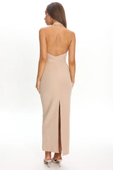 Goldfoil Halter Neck Maxi Dress Ecru